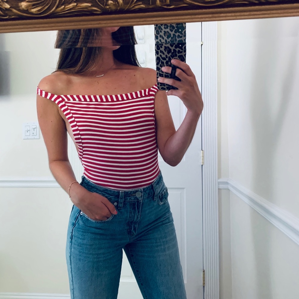 Red and white stripe body suit